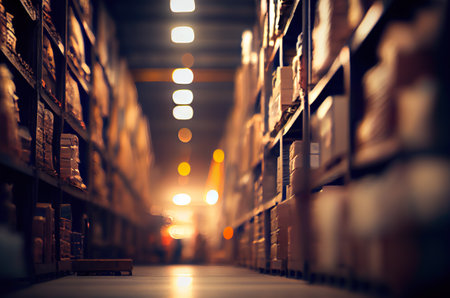 Warehouse aisle. Store room with storage shelves, boxes, packages. AI generative.の素材