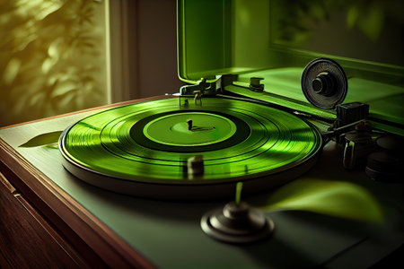 Gramophone of green color for listening nature sounds, music. AI generative.の素材