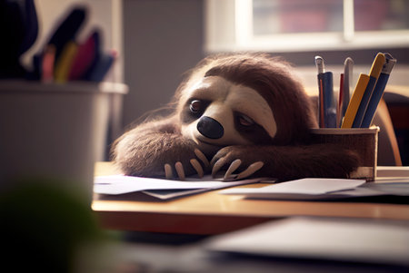 Lazy animal employee sleeping at desk. Boredom and burnout concept. AI generativeの素材