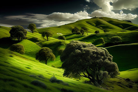 Green beautiful landscape with green grass on hills, trees, clouds and sunlight. Generative AI.の素材