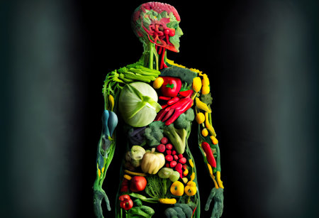 Healthy vegetarian human body consisting of vegetables, veggies, healthy organic natural farm food. AI generativeの素材