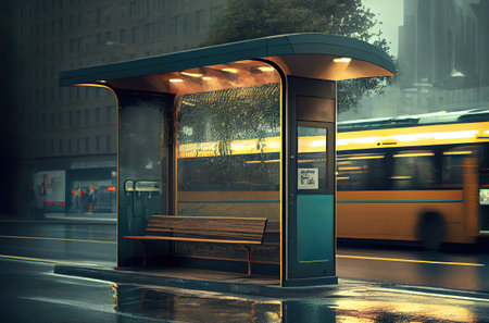 City bus stop, urban public transport station, nobody in rainy weather, evening with lights and puddles. AI generativeの素材