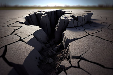 Cracked earth ground with fissures. Dry land, erosion concept. Generative AI.の素材
