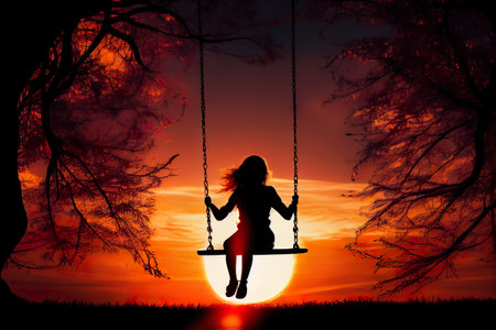 Woman back silhouette sitting and swinging at sunset, orange light. Generative AI.の素材