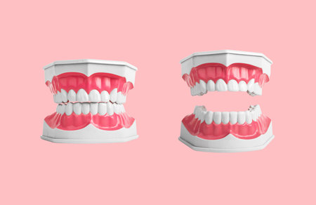 Open and closed jaws, teeth model on pink background.の写真素材