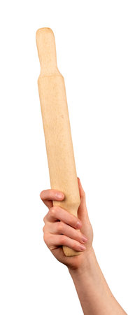 Hand holding wooden rolling pin, wood roller, kitchen tool, utensil isolated on white.の写真素材