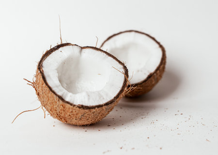 Coconut fruit halves, cut pieces of exotic food.