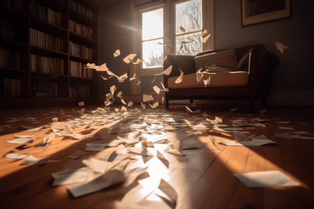 Scattered papers on floor at sunlight from window. Generative AI.の素材