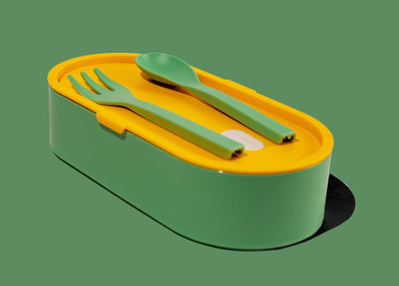 Lunch box and plastic fork, spoon, utensils. Green lunch box.の写真素材