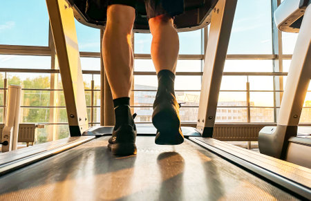 Foto per Lodz, Poland May 30 2023 Legs going on treadmill in gym at sunset. - Immagine Royalty Free