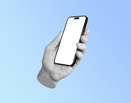 Lodz, Poland May 14 2023 hand holding iphone 14 pro max phone mockup, display mock-up.のeditorial素材