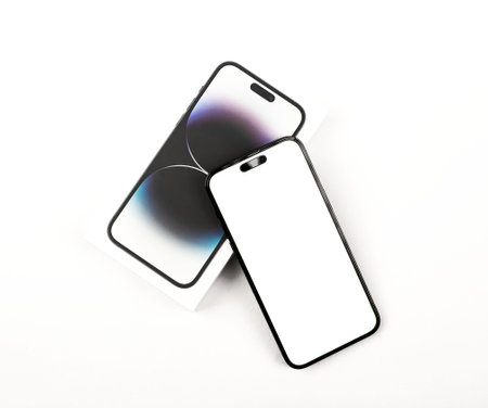Lodz, Poland June 19 2023 Iphone 14 pro max screen mockup on box package.のeditorial素材