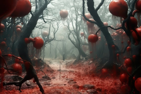 Scary fantasy forest. Red and white blood cells. Generative AI.の素材