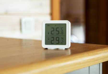 Digital home thermometer, air temperature and humidity control.の写真素材