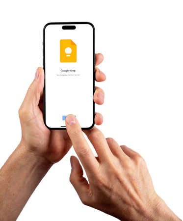 Berlin, Germany July 15 2023 Using Google keep app, mobile notes on phone, isolated on white background.のeditorial素材