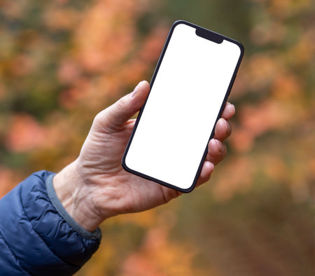 Male hand holding mobile phone screen mockup over autumn backgroundのeditorial素材