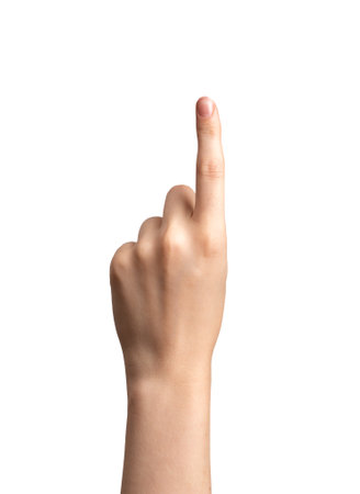 Index finger pointing, showing up isolated on whiteの写真素材