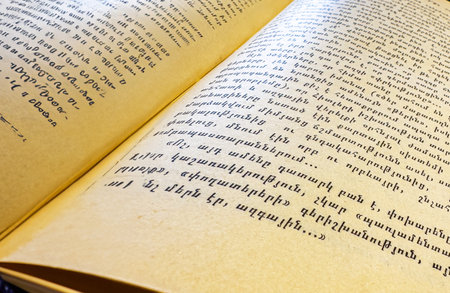Armenian writing, script, alphabet. Book page with text closeupの写真素材
