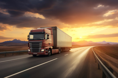 Cargo truck, freight lorry travels on road, highway at sunsetの素材