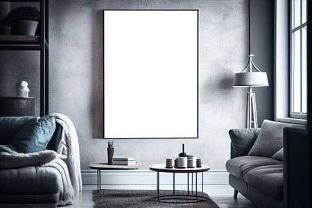Wall art, poster, framed picture mockup in modern interior, brutal living roomの素材