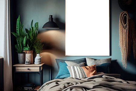 Wall art, poster, framed picture mockup in modern interior in modern bedroomの素材