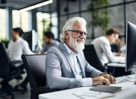 Senior employee, office worker works at workplace. Old manager smiling, sitting at desk with computerの素材