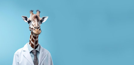 Cute animal doctor. Funny giraffe physician in uniform, medical worker in vet clinic. Banner background with copy spaceの素材