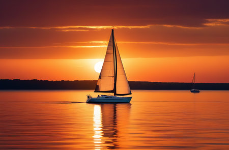 Sailboat floating in water at sunset, sun set, evening time, orange sun lightの素材