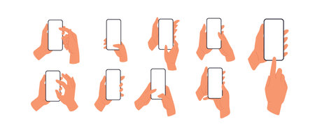 Mobile phone screens mockups set. Hand holding, using smartphone displays, cellphones. Flat vector illustrations isolated on white backgroundのイラスト素材