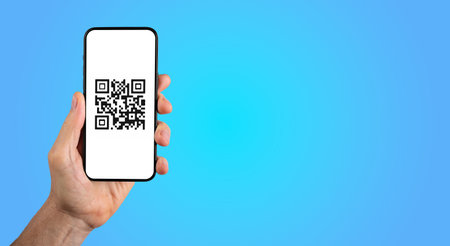 QR code scanner, mobile phone screen in hand for digital transaction, qrcode, banner background