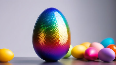 Modern trendy bright glossy Easter egg design, dyed in colorful style. Happy spring holidayの素材