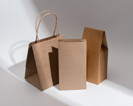 Kraft paper bag, pouch, sack, box. Brown beige eco package, packs for product, gifts.