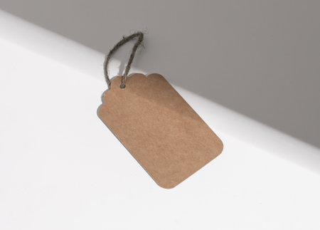 Kraft paper tag, carton label, sale blank card on rope, twine.