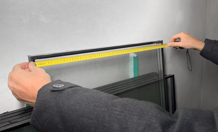 Hands with tape, measuring tool for construction industry..
