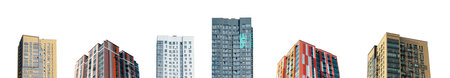 High rise residential buildings isolated on white background. Modern urban architecture for real estate and investment themes. Showcasing new construction and cityscape views.の写真素材