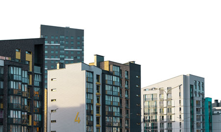 Modern urban buildings and apartments with glass facades. Ideal for real estate investment and development themes. Showcasing contemporary designs and cityscapes. Perfect forの写真素材