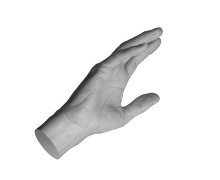 Reaching, catching, stretching to something, touching. hand sign isolated on white background.