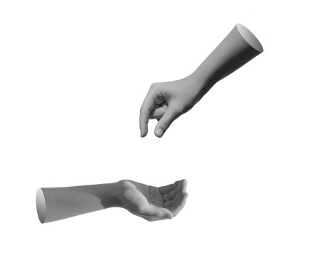 Kids hand giving and taking something, isolated on white background.の写真素材