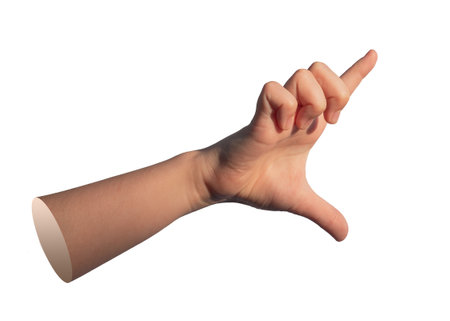 A hand using two fingers to hold and measure an invisible, big large object. isolated on white.