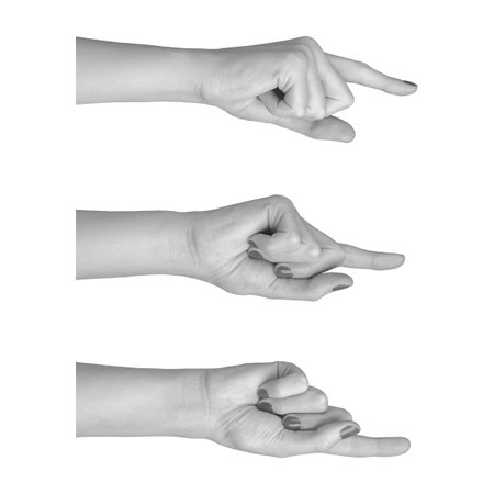 Woman s hand pointing with index finger, isolated on white background. Forefinger extended in gesture to select, touch, or push. Concept of choice, action, and direction. Neatの写真素材