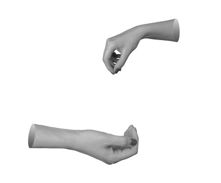 Hand offering help, open palm gesture for charity. Woman giving and receiving support, isolated on white background. Outstretched arms, needy, poor, holding donation, showingの写真素材