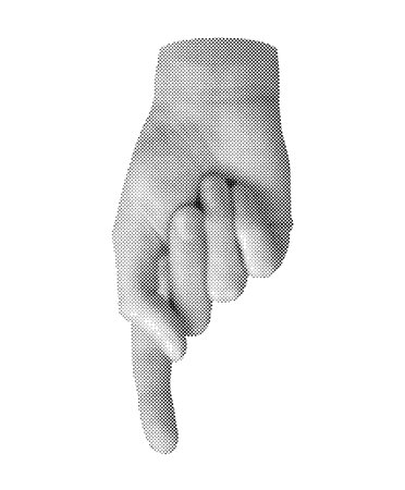 Finger pointing gesture, touching, showing. Index finger, pointer indicating. Halftone style vector isolated on white background.のイラスト素材