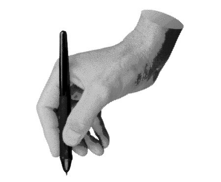 hand hold pen drawing. Halftone style vector isolated on white background.のイラスト素材