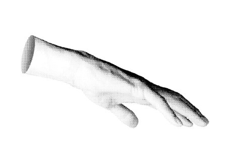 Hand gesture with outstretched fingers reaching down, isolated in retro halftone dot style. Symbolizing motion, grasp, or virtual reality interaction, this nostalgic 1990s inspiredのイラスト素材