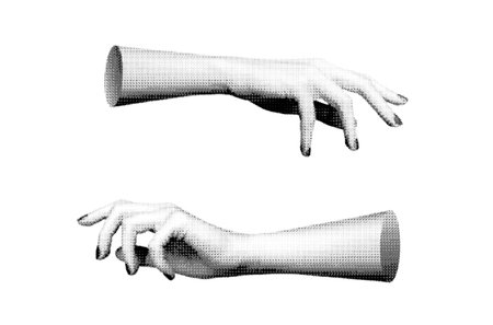 Hand gesture with fingers outstretched, symbolizing reach or expression, isolated in retro halftone dot style. Nostalgic 1990s inspired design with vintage grunge texture,のイラスト素材