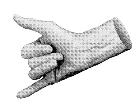 Hand gesture making the shaka sign with thumb and pinky extended, symbolizing surfing and Hawaiian culture. Isolated in retro halftone dot style, inspired by nostalgic 1990sのイラスト素材
