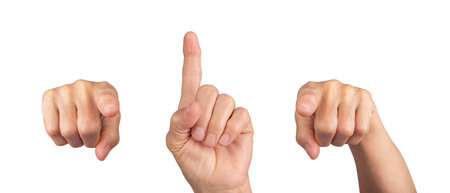Elderly female hand pointing with forefinger, expressive gesture indicating direction, choice, or...