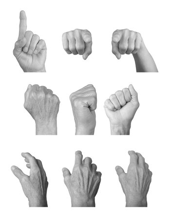 Elderly female hand showing various gestures, including pointing and clenched fist, wrinkled skin, closeup of expressive body language in grayscale tones. Isolated on white background.の写真素材