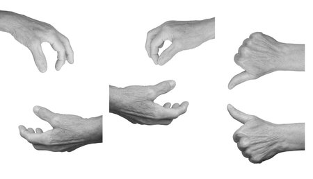 Elderly female hand showing various gestures, including pinch, grab, and thumb up, wrinkled skin, expressive body language in grayscale tones. Isolated on white background.の写真素材