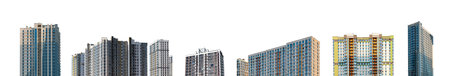 Modern high-rise buildings set, urban architecture featuring glass facades and concrete structures....